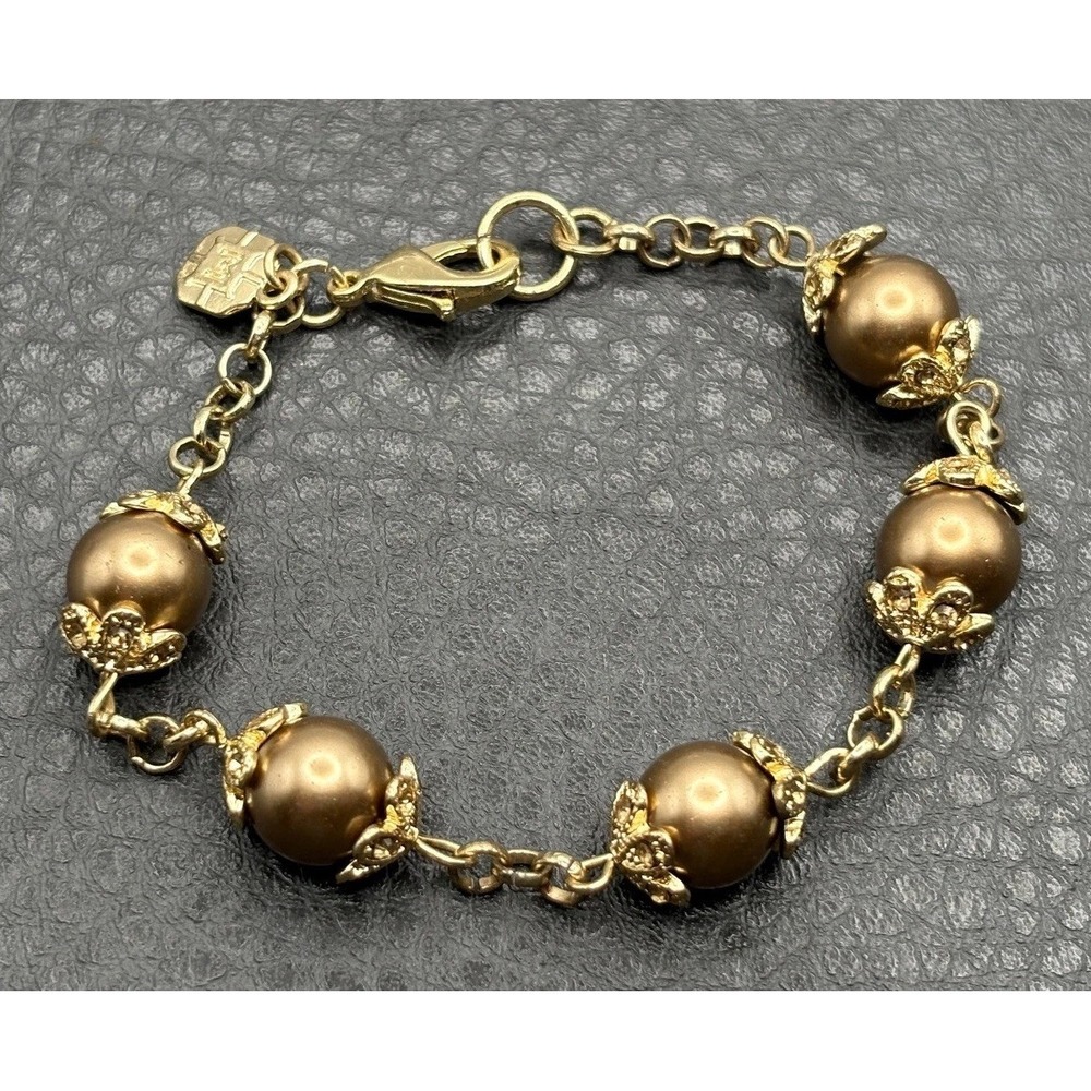 VTG Monet Gold Tone Pearl Bead Charm Bracelet Ornate Filigree Spacer Rhinestone